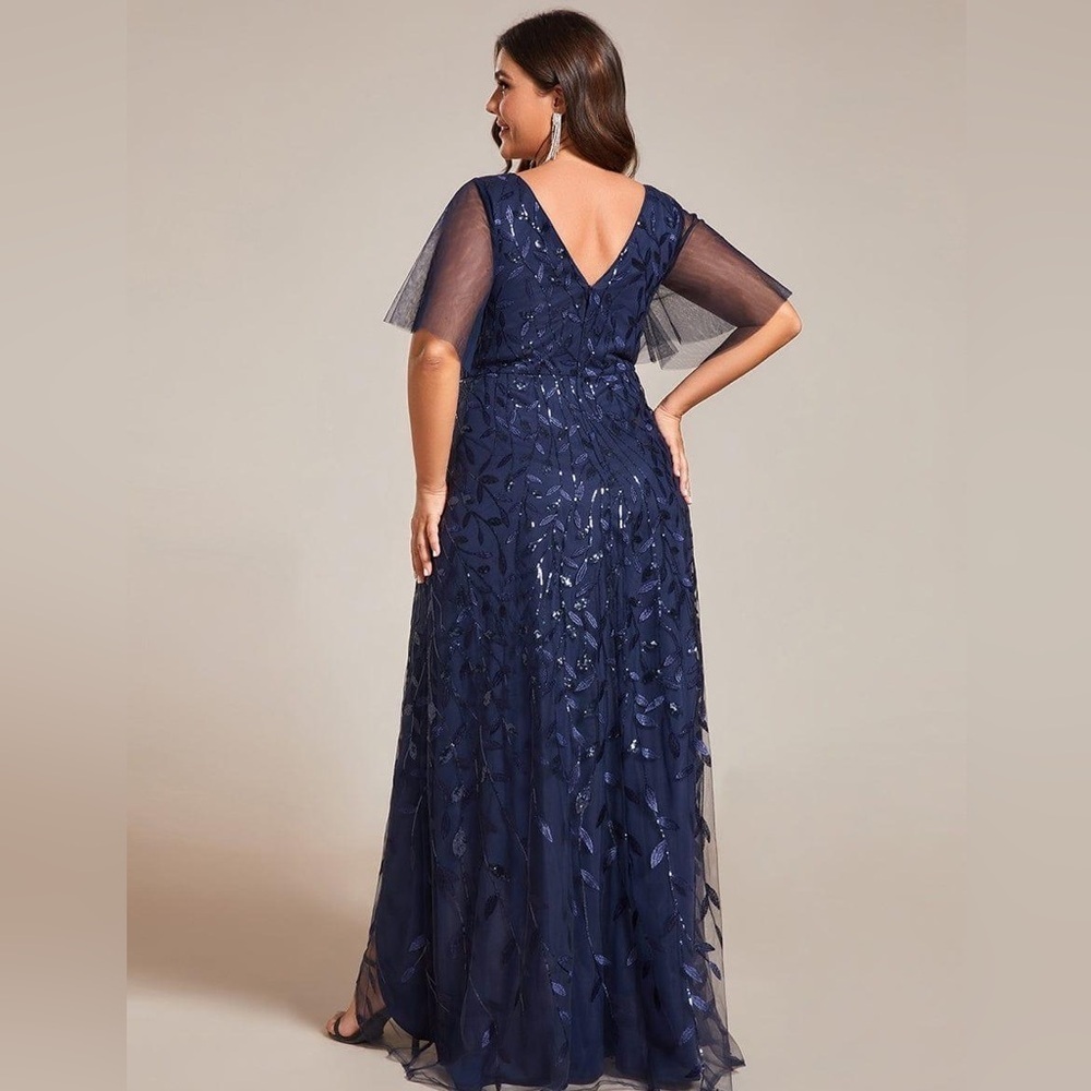 🆕 Plus Size Short Sleeves Sequin High Low V-Neck Midi Formal Evening Dress - Picture 2 of 3